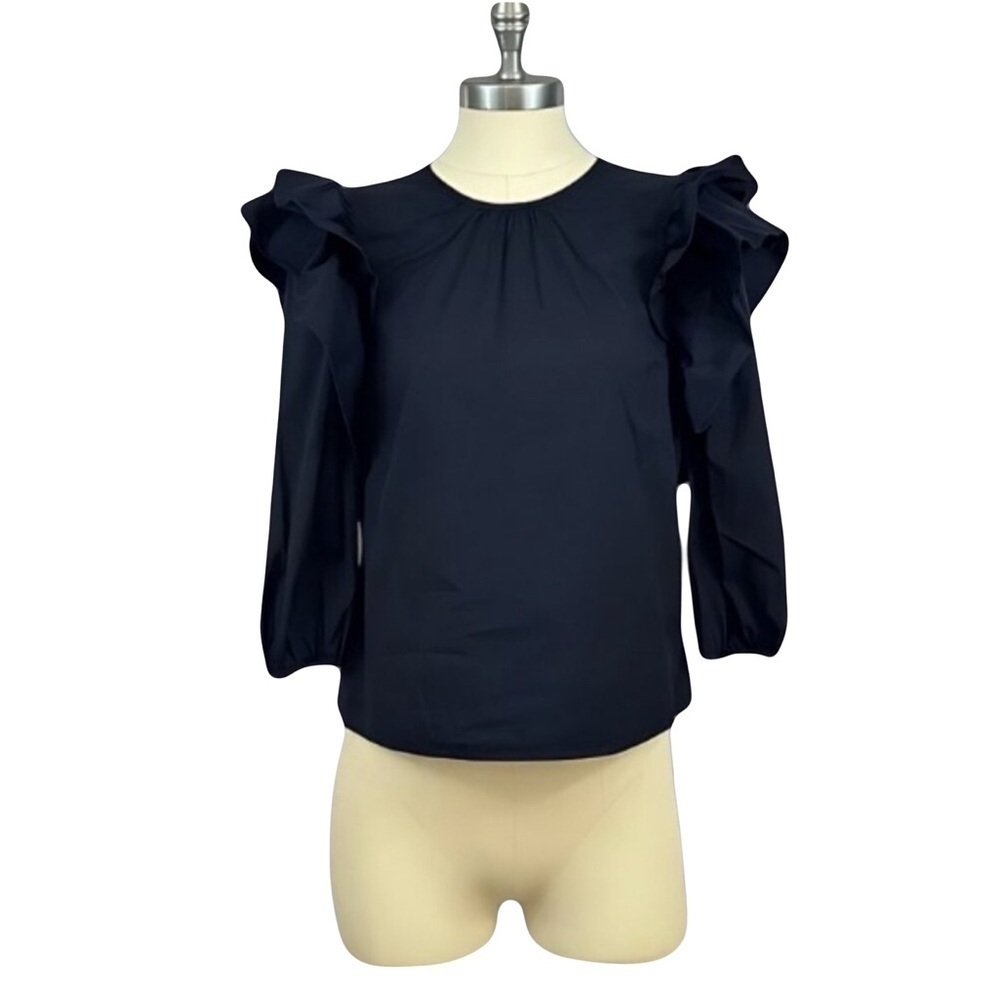 EXPRESS Tiered Ruffled Shoulder Top 3/4 Length Sleeves Cotton Blend Navy Blue XS